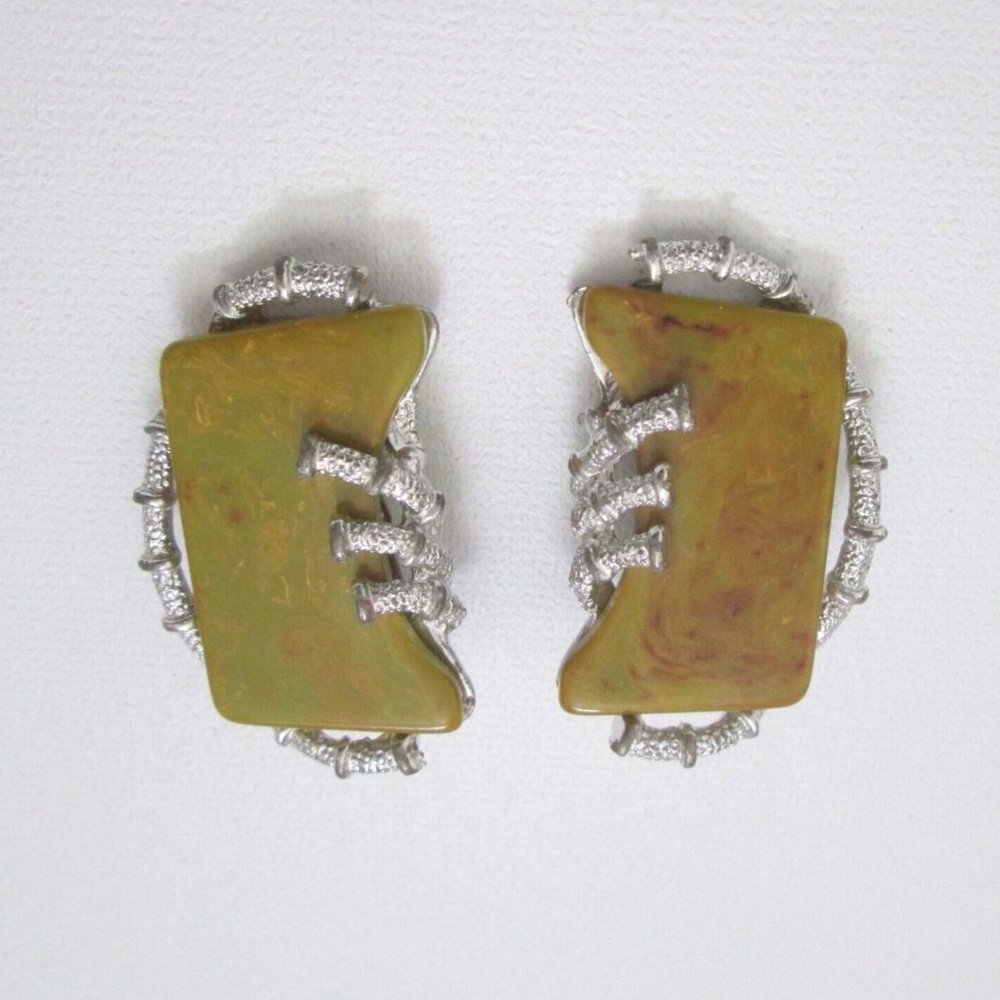 Vintage Signed ART Clip Earrings Bakelite Slices Silvertone Twigs  Flaws